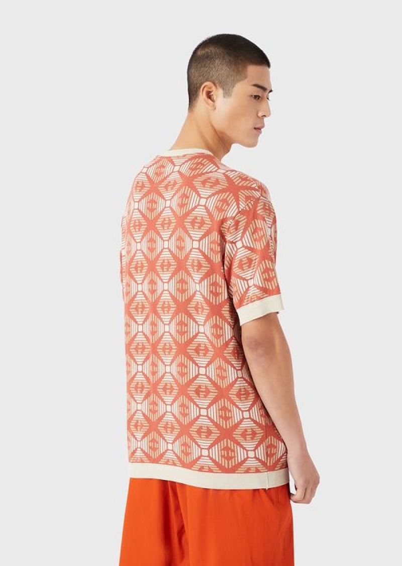 Orange Emporio Armani Sustainable Collection Organic Jacquard Jersey Jumper With Collection Pattern | EA-SN58664