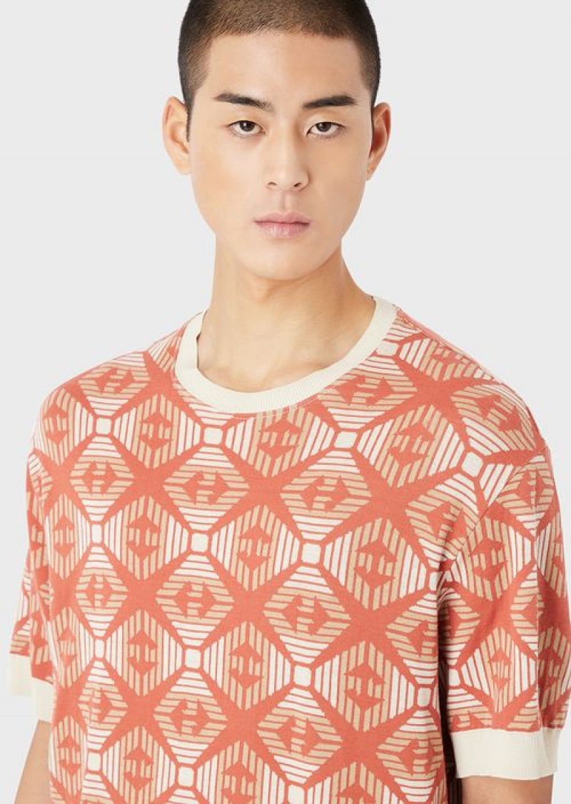 Orange Emporio Armani Sustainable Collection Organic Jacquard Jersey Jumper With Collection Pattern | EA-SN58664