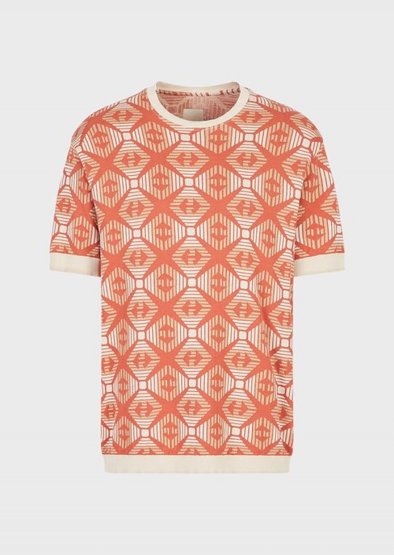 Orange Emporio Armani Sustainable Collection Organic Jacquard Jersey Jumper With Collection Pattern | EA-SN58664