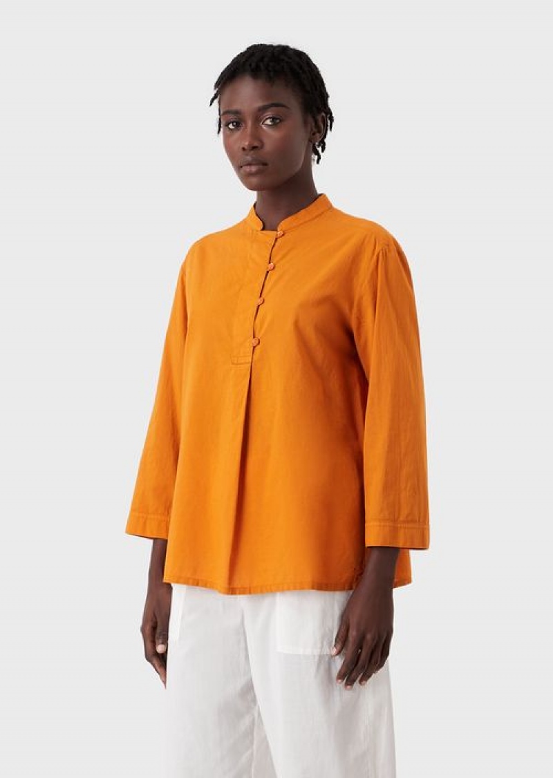 Orange Emporio Armani Sustainable Collection Garment-dyed, Organic-muslin Shirt With A Guru Collar | EA-SN56947