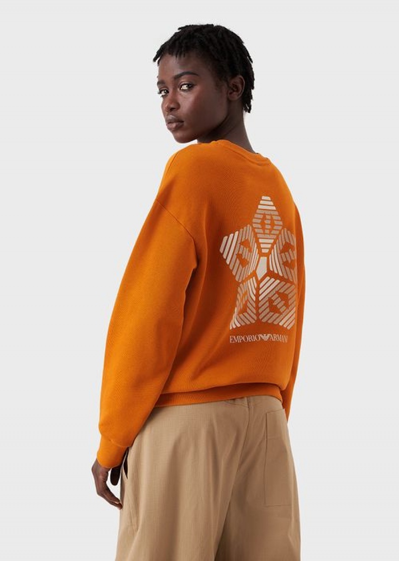 Orange Emporio Armani Sustainable Collection Soft Organic-cotton Sweatshirt With Oversized Print | EA-SN57004