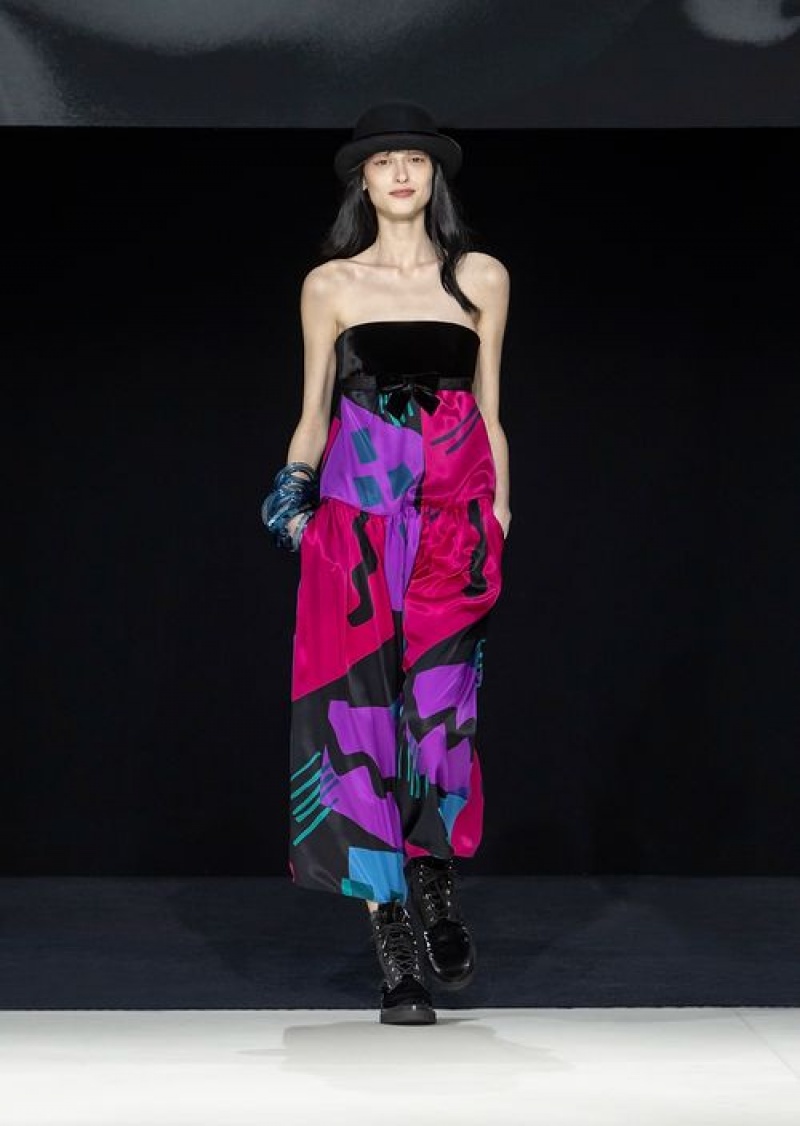 Pattern Emporio Armani Patchwork Geometric-print Silk Bustier Dress | EA-SN56491