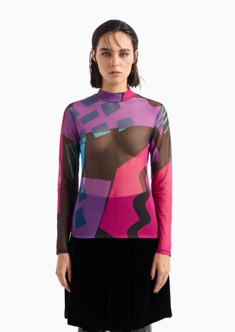 Pattern Emporio Armani Printed Sheer Stretch Tulle Mock-neck Jumper | EA-SN56922