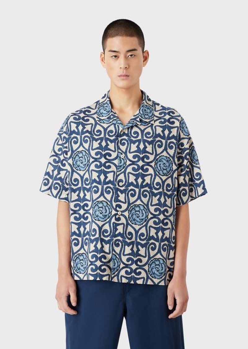 Pattern Emporio Armani Sustainable Collection Organic-muslin Short-sleeved Shirt With All-over Print | EA-SN57852