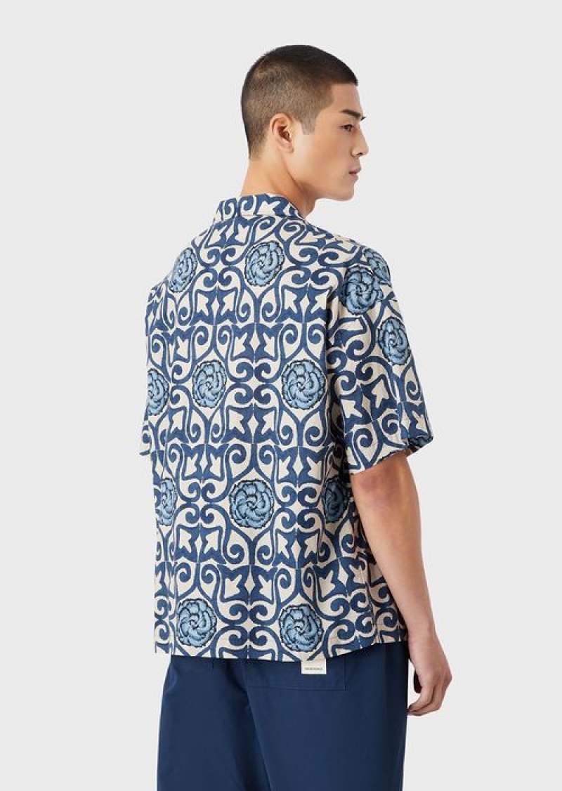 Pattern Emporio Armani Sustainable Collection Organic-muslin Short-sleeved Shirt With All-over Print | EA-SN57852