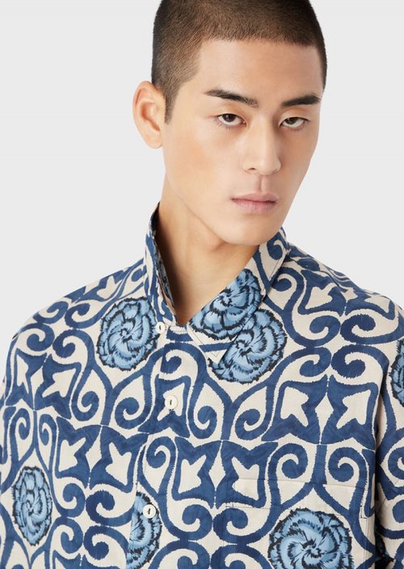 Pattern Emporio Armani Sustainable Collection Organic-muslin Short-sleeved Shirt With All-over Print | EA-SN57852