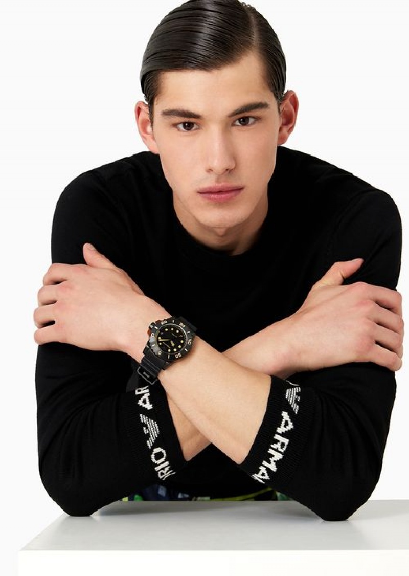 Pattern Emporio Armani Three-hand Date Black Polyurethane Watch | EA-SN59330