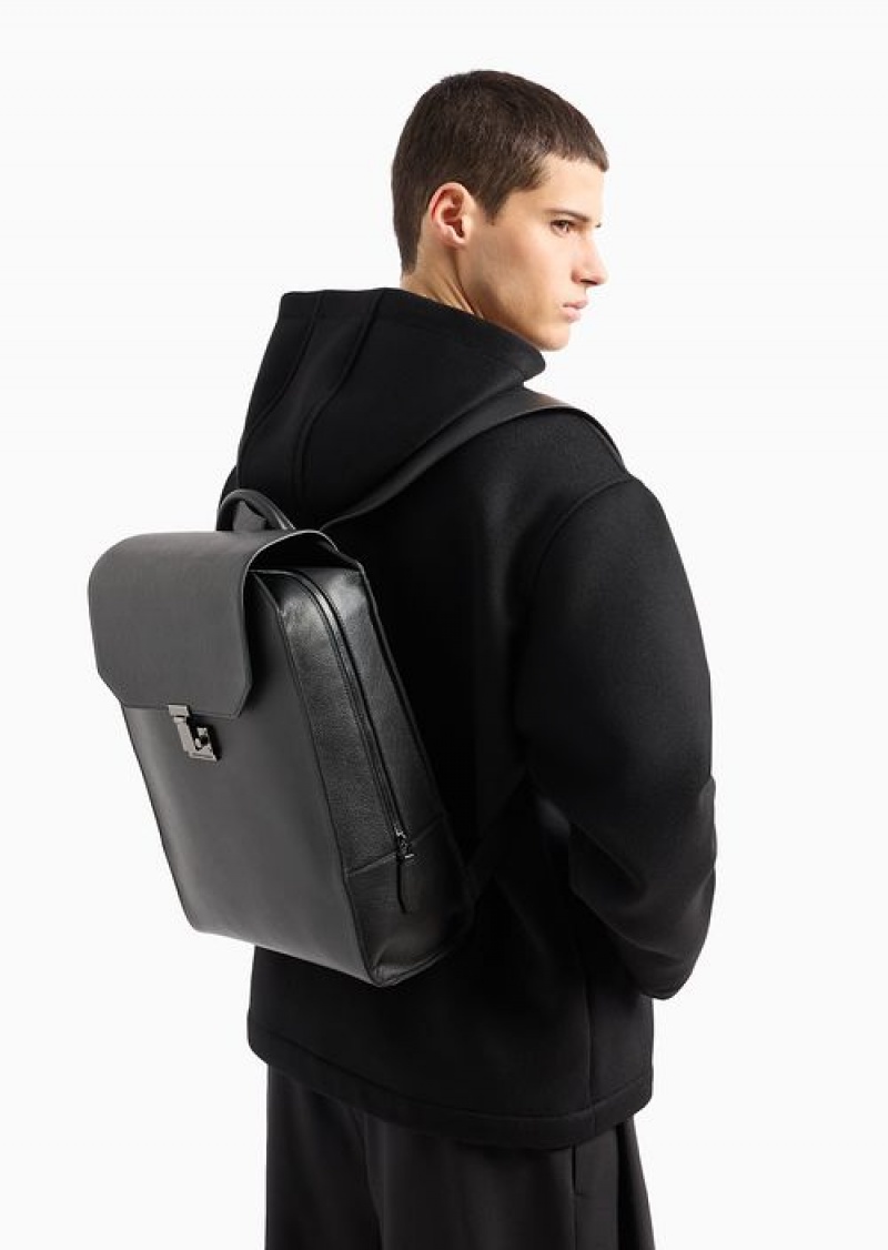 Pattern Emporio Armani Tumbled-leather Backpack With Flap And Laptop Compartment | EA-SN59009