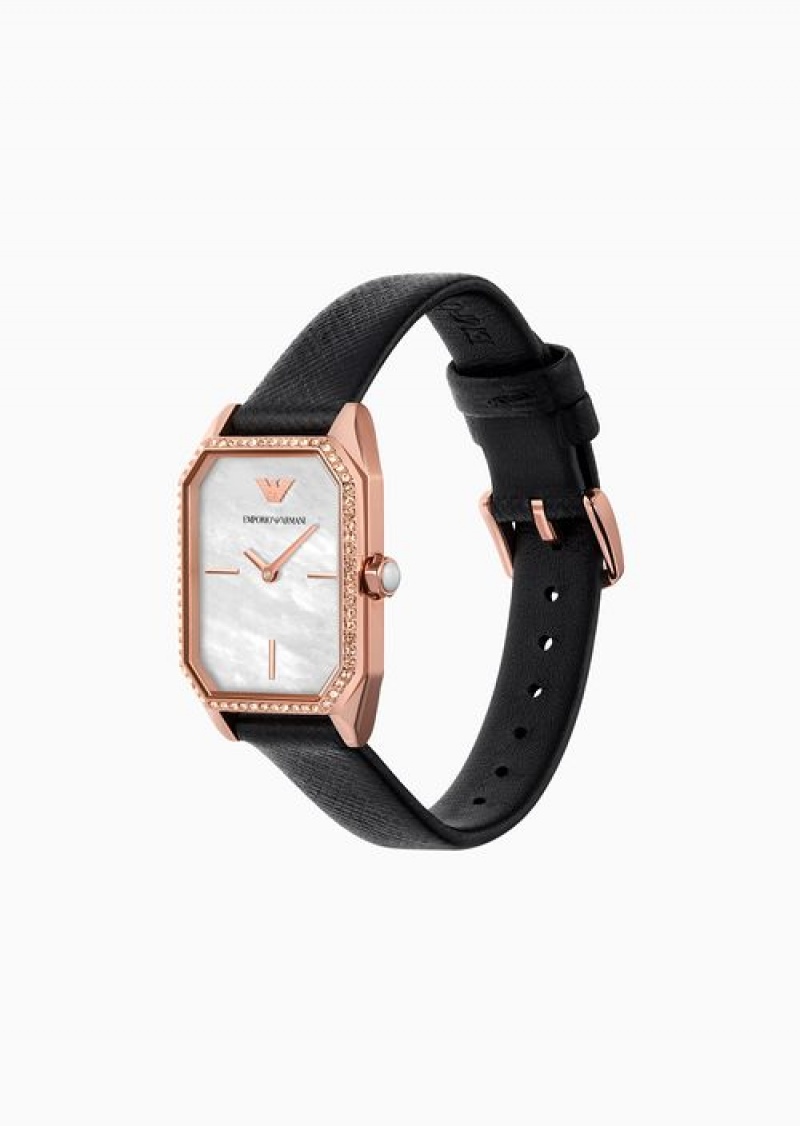 Pattern Emporio Armani Two-hand Black Leather Watch And Rose Gold-tone Stainless Steel Bracelet Set | EA-SN57678