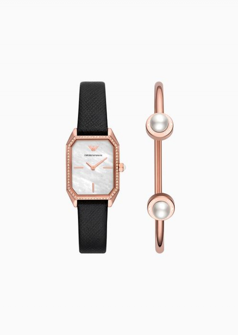 Pattern Emporio Armani Two-hand Black Leather Watch And Rose Gold-tone Stainless Steel Bracelet Set | EA-SN57678