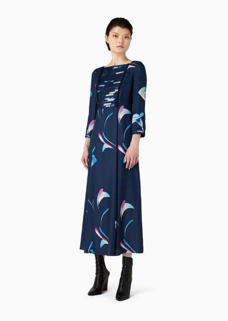 Pattern Emporio Armani Viscose Flared Dress With Stylised Floral Print And Pleated Detail | EA-SN56508