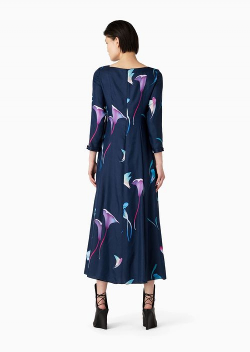 Pattern Emporio Armani Viscose Flared Dress With Stylised Floral Print And Pleated Detail | EA-SN56508