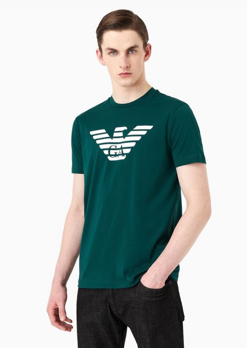 Petroleum Emporio Armani Pima-jersey T-shirt With Logo Print | EA-SN58687