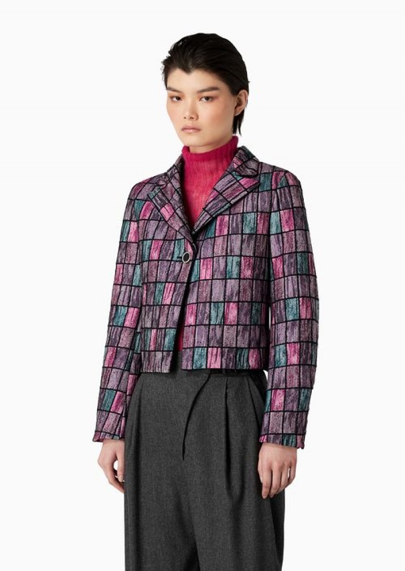 Pink Emporio Armani Jacket With Lapels In A Geometric Patchwork Motif Wool Blend Bouclé | EA-SN56425