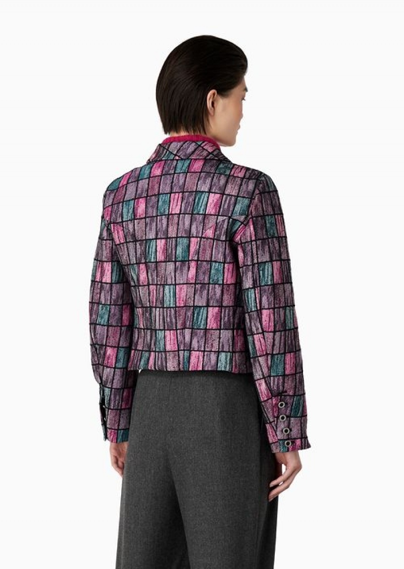 Pink Emporio Armani Jacket With Lapels In A Geometric Patchwork Motif Wool Blend Bouclé | EA-SN56425