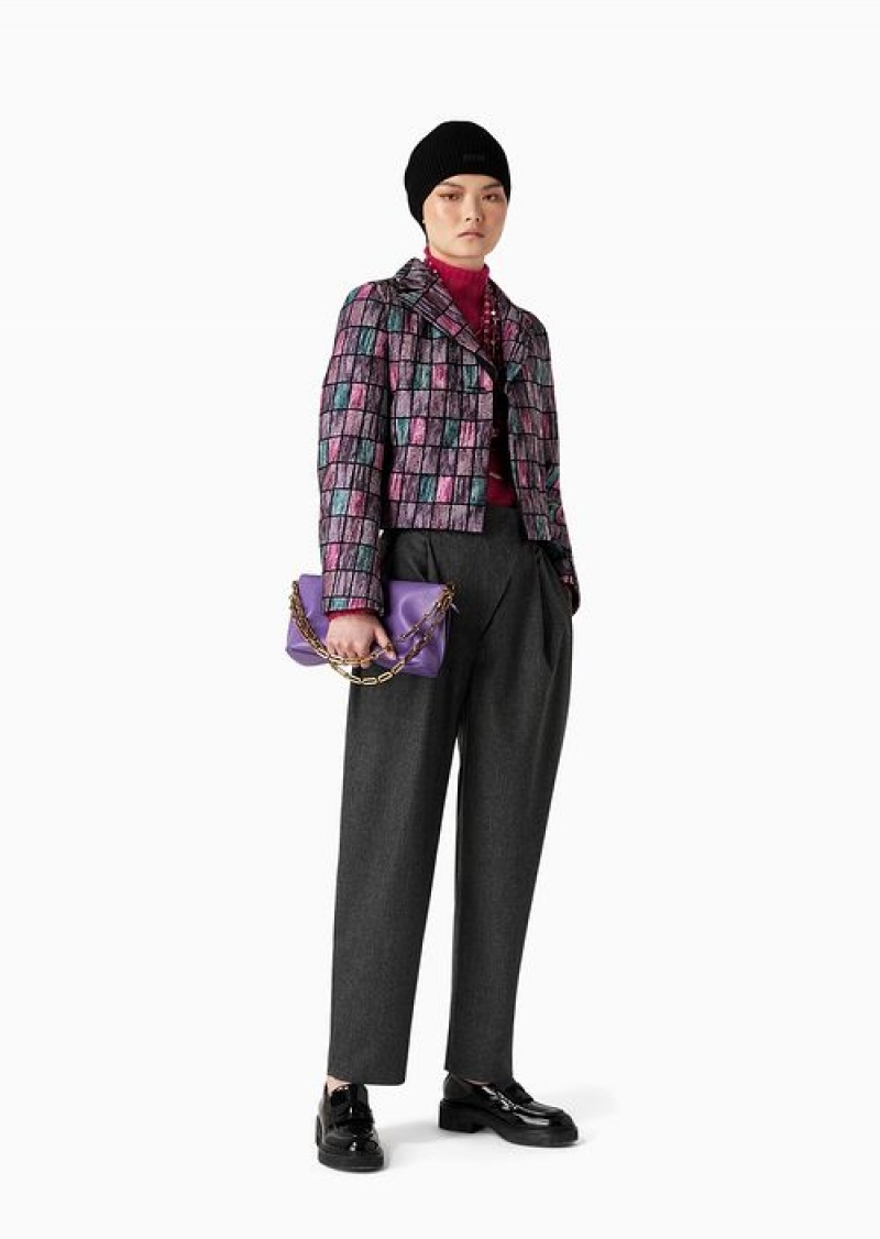 Pink Emporio Armani Jacket With Lapels In A Geometric Patchwork Motif Wool Blend Bouclé | EA-SN56425