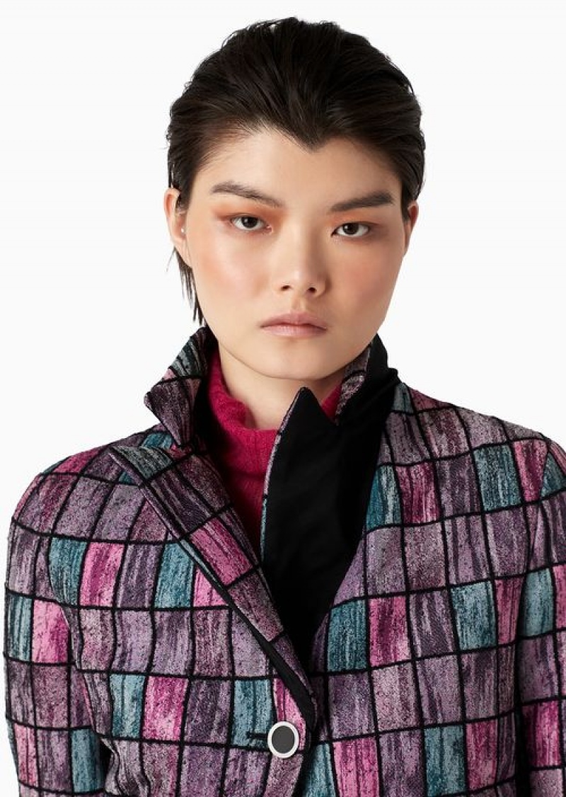 Pink Emporio Armani Jacket With Lapels In A Geometric Patchwork Motif Wool Blend Bouclé | EA-SN56425