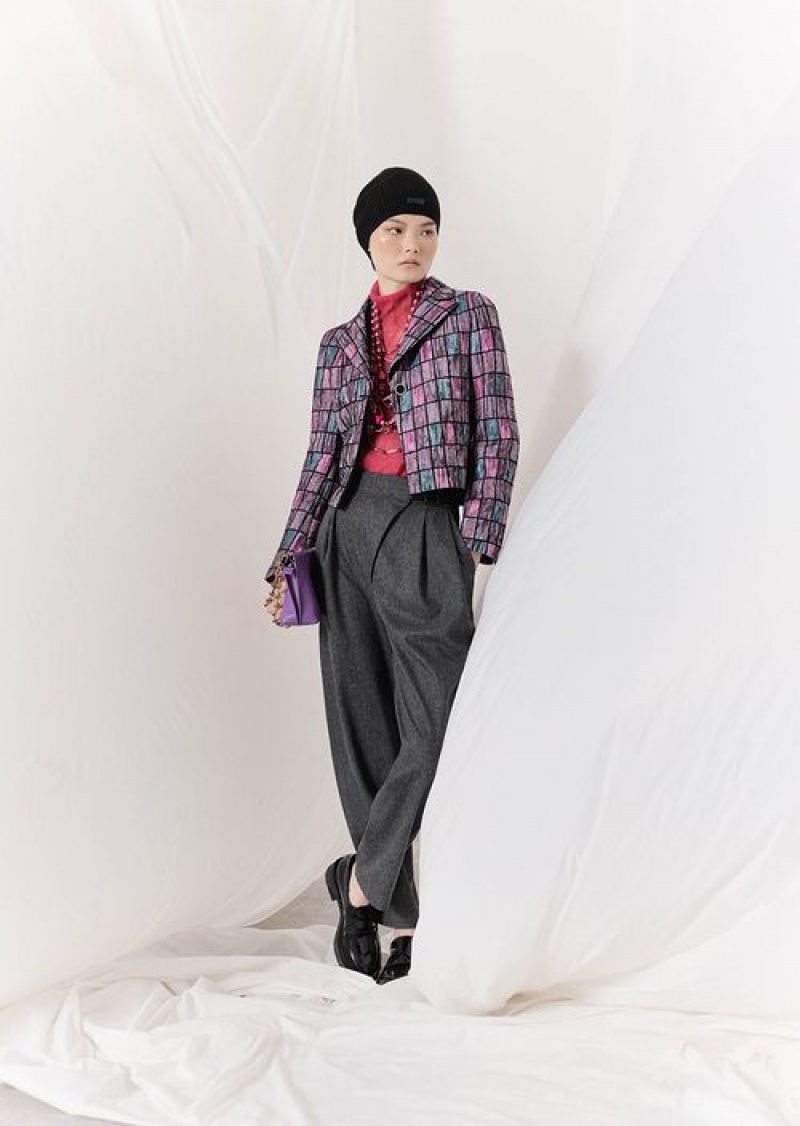 Pink Emporio Armani Jacket With Lapels In A Geometric Patchwork Motif Wool Blend Bouclé | EA-SN56425