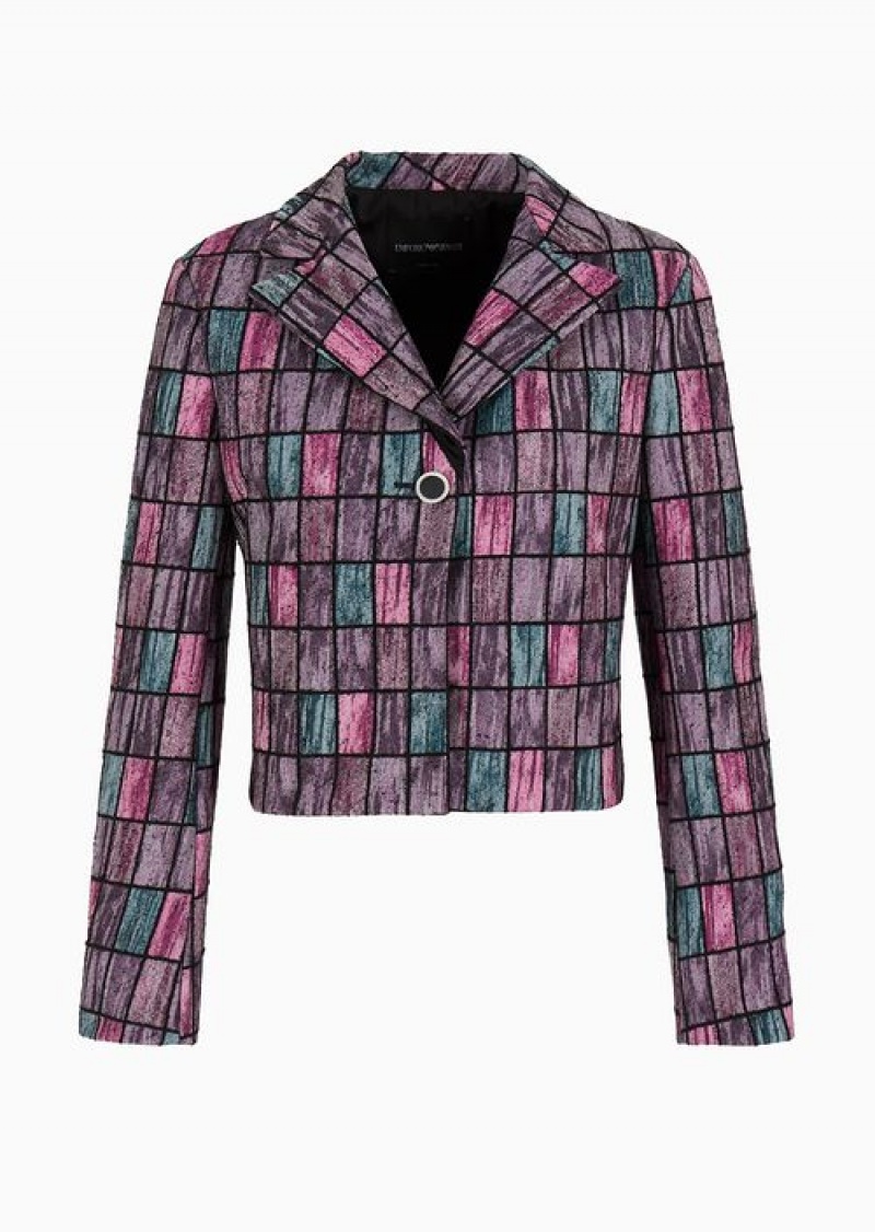 Pink Emporio Armani Jacket With Lapels In A Geometric Patchwork Motif Wool Blend Bouclé | EA-SN56425