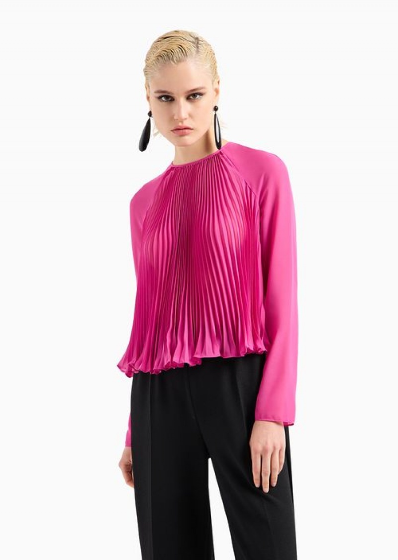 Pink Emporio Armani Sheer Georgette Blouse With Pleats, Front And Back | EA-SN56942