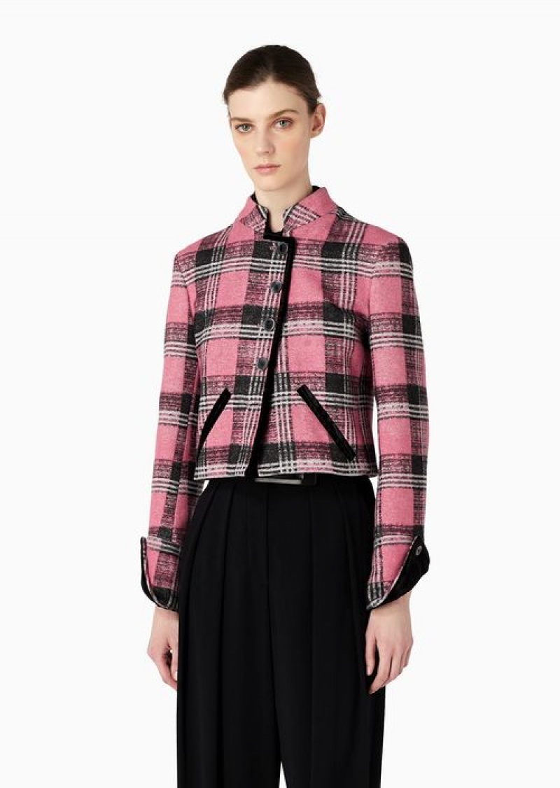 Pink Emporio Armani Tartan Wool-blend Jacket With Velvet Details | EA-SN56424