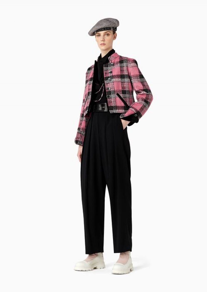 Pink Emporio Armani Tartan Wool-blend Jacket With Velvet Details | EA-SN56424