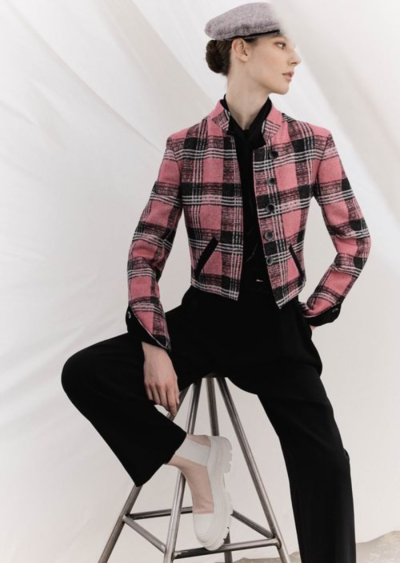 Pink Emporio Armani Tartan Wool-blend Jacket With Velvet Details | EA-SN56424