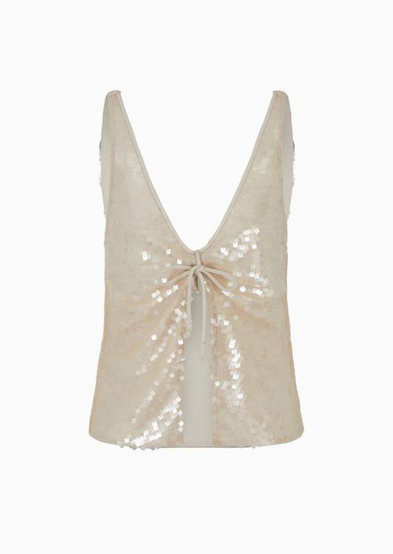 Powder Pink Emporio Armani Tulle Top With All-over Sequins | EA-SN56982