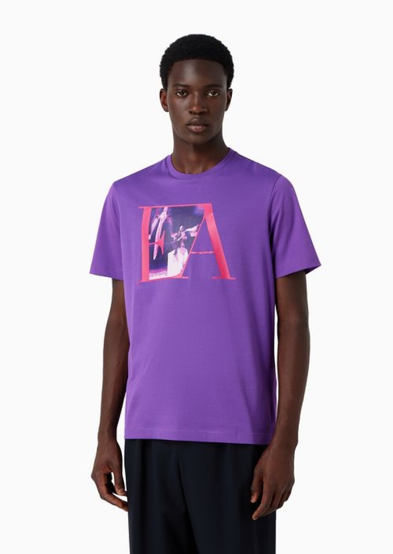 Purple Emporio Armani Jersey T-shirt With Aviation Print | EA-SN58616