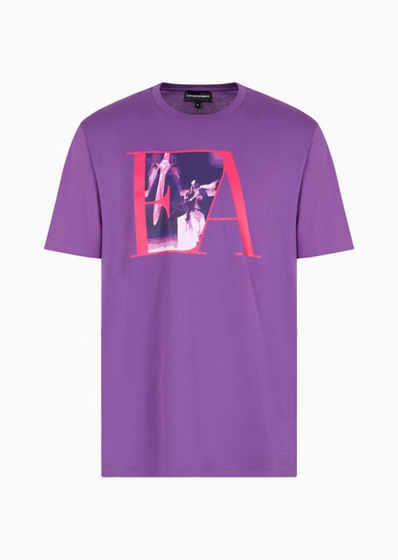 Purple Emporio Armani Jersey T-shirt With Aviation Print | EA-SN58616