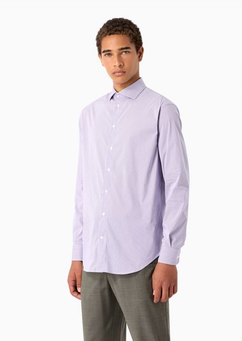 Purple Emporio Armani Modern-fit Shirt With French Collar, In Stretch Cotton With Fine Jacquard Stripes | EA-SN57935