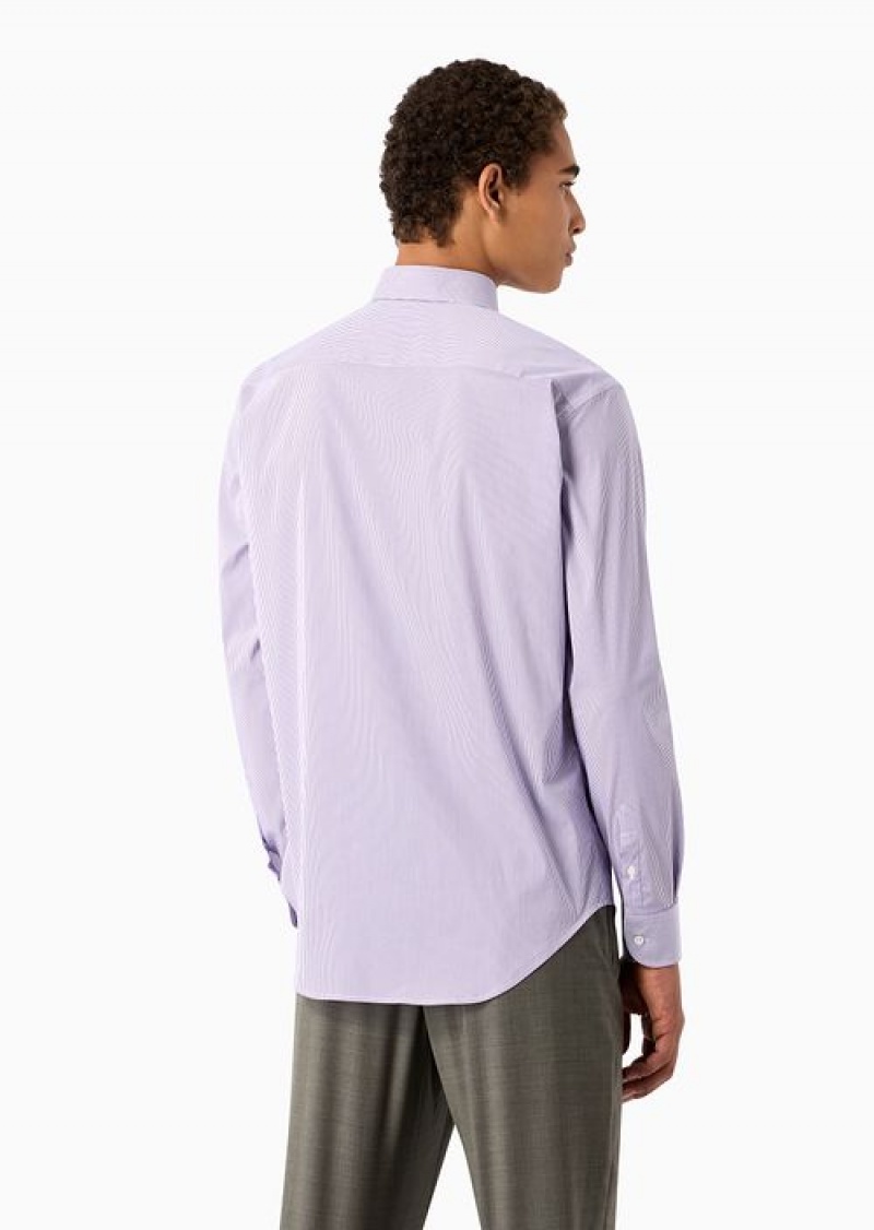 Purple Emporio Armani Modern-fit Shirt With French Collar, In Stretch Cotton With Fine Jacquard Stripes | EA-SN57935