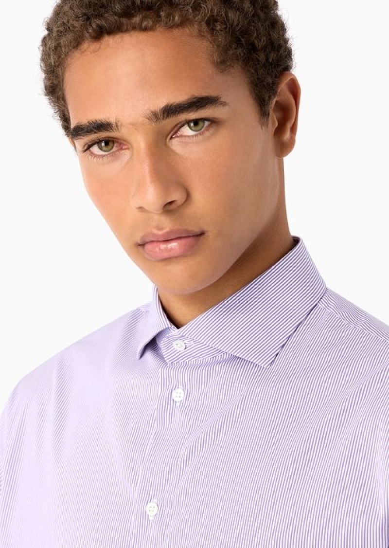 Purple Emporio Armani Modern-fit Shirt With French Collar, In Stretch Cotton With Fine Jacquard Stripes | EA-SN57935