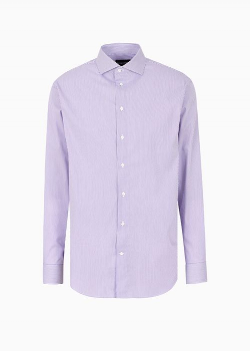 Purple Emporio Armani Modern-fit Shirt With French Collar, In Stretch Cotton With Fine Jacquard Stripes | EA-SN57935