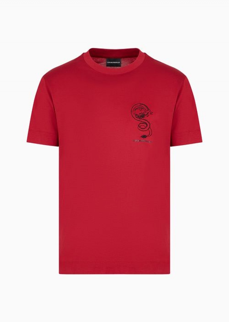 Red Emporio Armani Asv Lunar New Year Lyocell-blend Jersey T-shirt With Dragon Embroidery | EA-SN58771