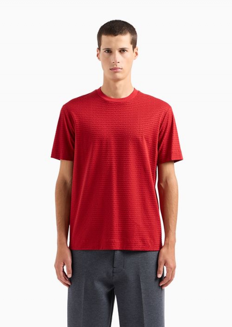 Red Emporio Armani Asv Lyocell-blend Jersey T-shirt With All-over Flock Logo Lettering | EA-SN58747