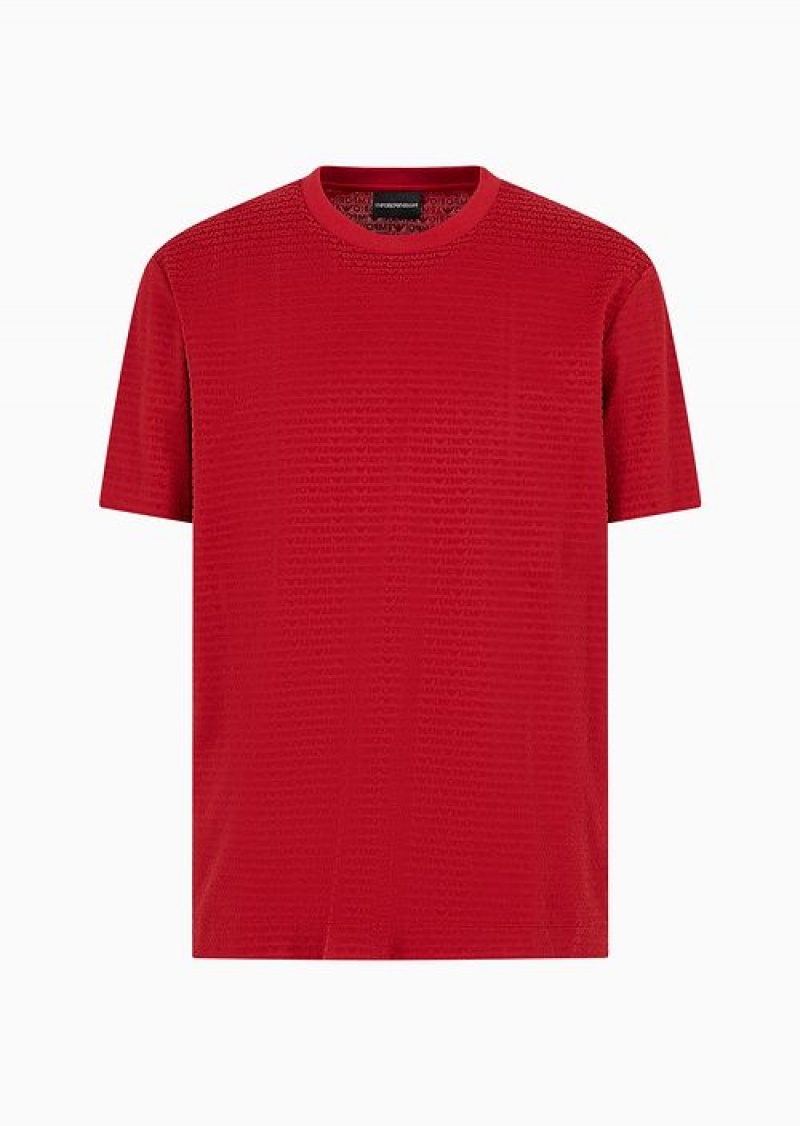 Red Emporio Armani Asv Lyocell-blend Jersey T-shirt With All-over Flock Logo Lettering | EA-SN58747