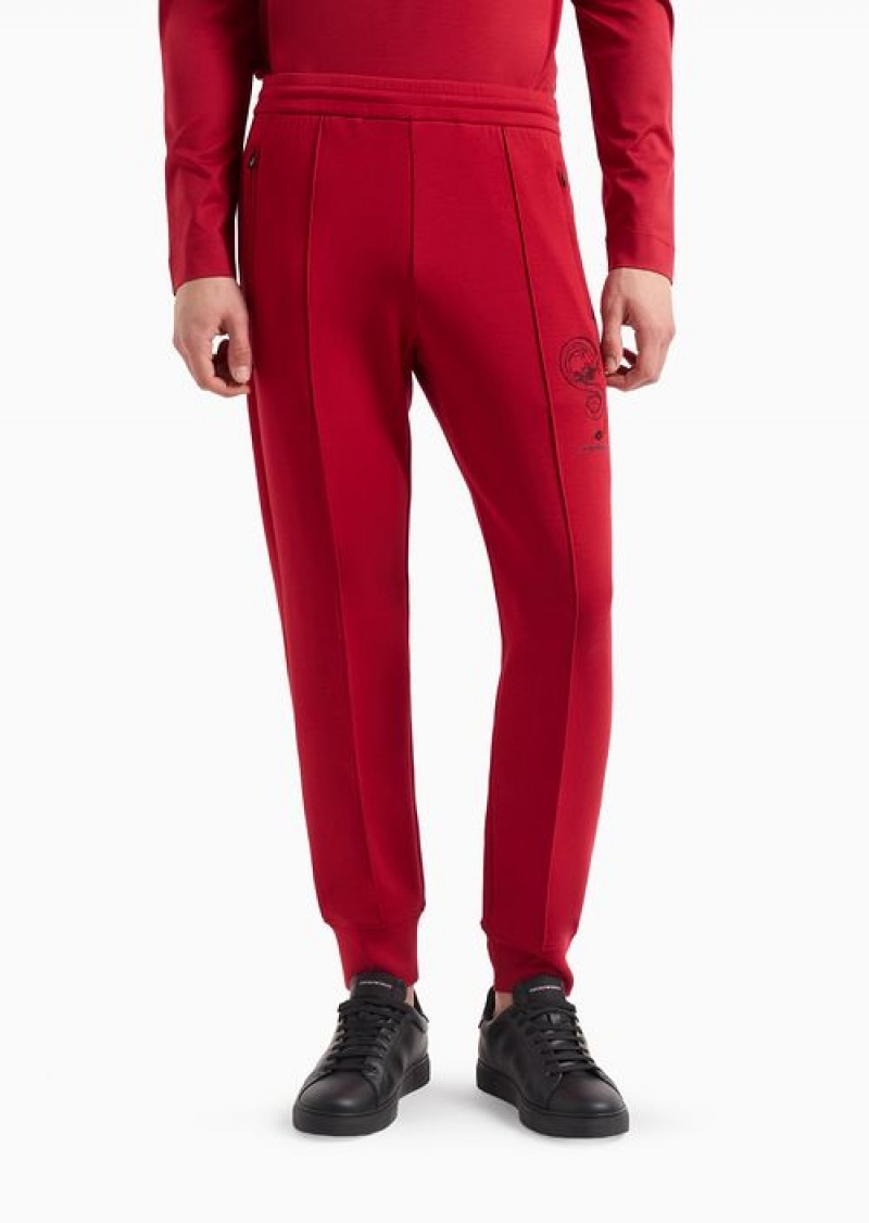 Red Emporio Armani Double-jersey Joggers With Lunar New Year Dragon Embroidery | EA-SN58407