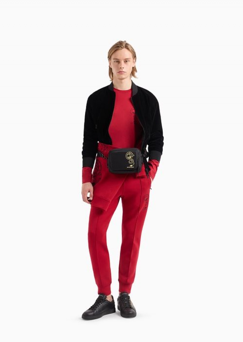 Red Emporio Armani Double-jersey Joggers With Lunar New Year Dragon Embroidery | EA-SN58407