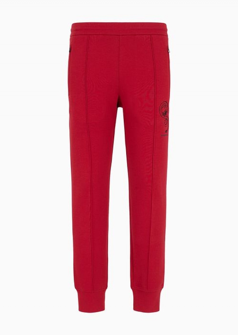 Red Emporio Armani Double-jersey Joggers With Lunar New Year Dragon Embroidery | EA-SN58407