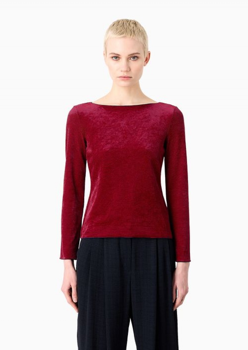 Red Emporio Armani Icon Striped Chenille Jumper With Boat Neck | EA-SN56659