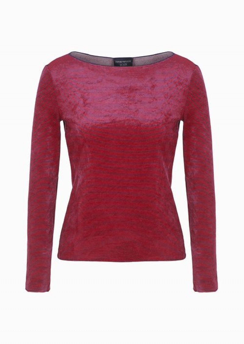 Red Emporio Armani Icon Striped Chenille Jumper With Boat Neck | EA-SN56659