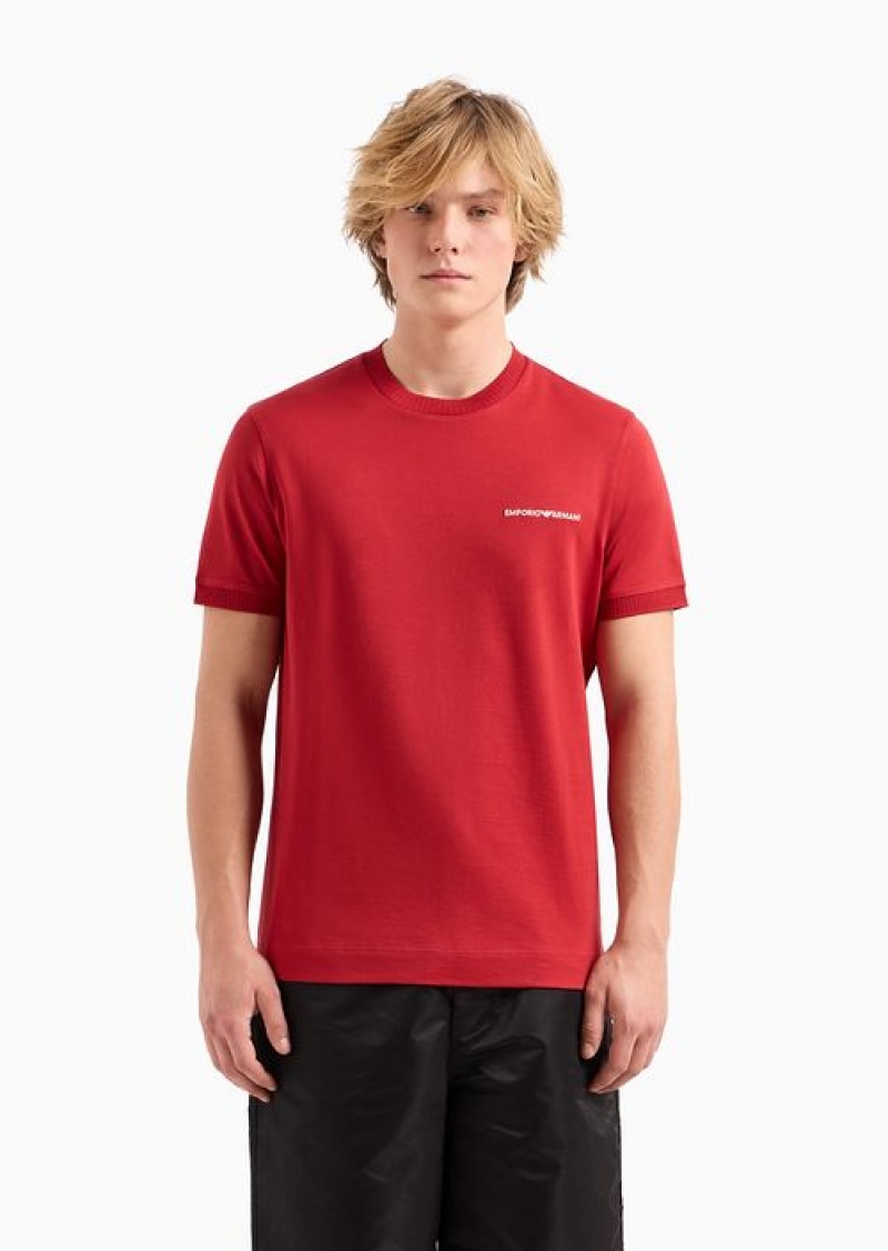 Red Emporio Armani Lightweight Jersey T-shirt With Logo Embroidery And Ribbed Trim | EA-SN58746