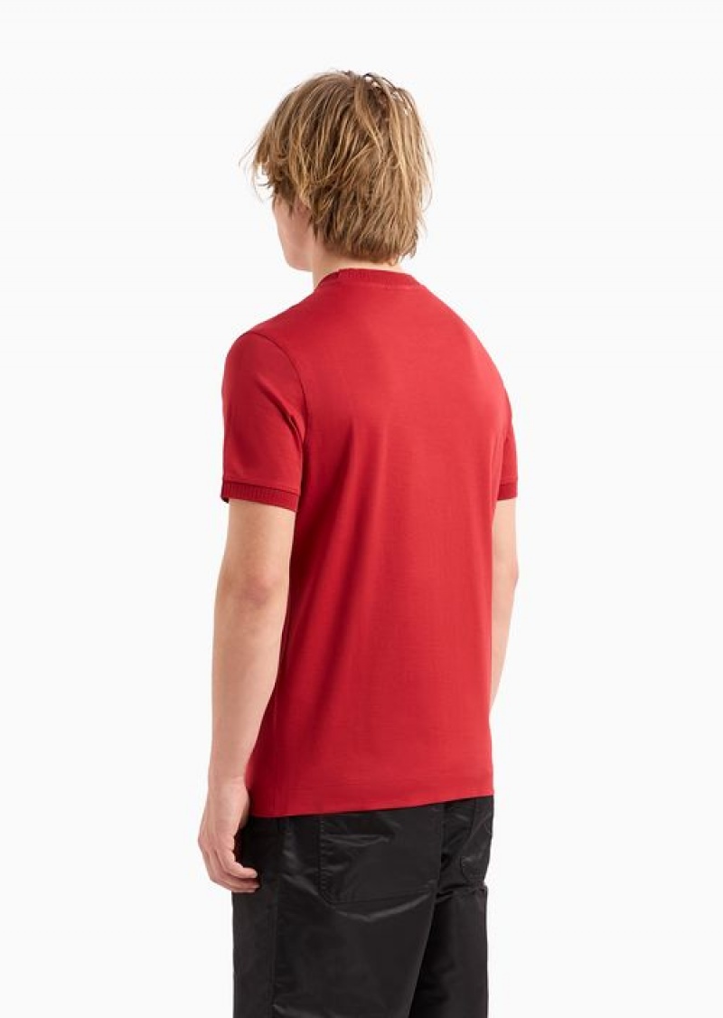 Red Emporio Armani Lightweight Jersey T-shirt With Logo Embroidery And Ribbed Trim | EA-SN58746