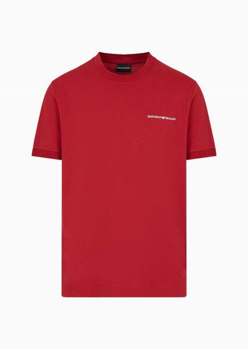 Red Emporio Armani Lightweight Jersey T-shirt With Logo Embroidery And Ribbed Trim | EA-SN58746