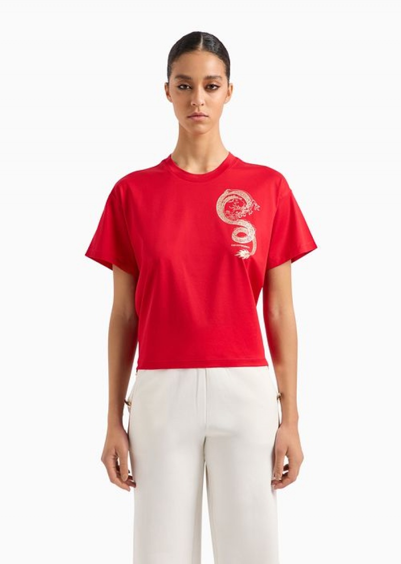 Red Emporio Armani Lunar New Year Mercerised-jersey T-shirt With Dragon Print | EA-SN57069