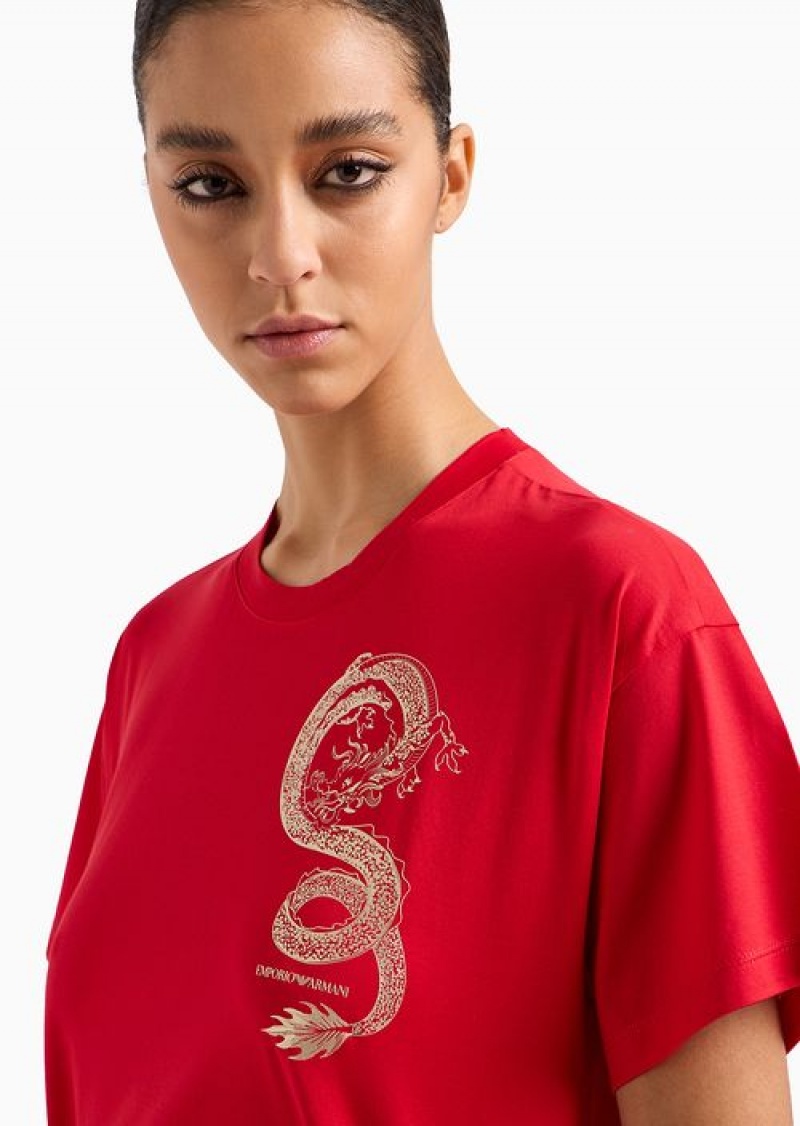 Red Emporio Armani Lunar New Year Mercerised-jersey T-shirt With Dragon Print | EA-SN57069