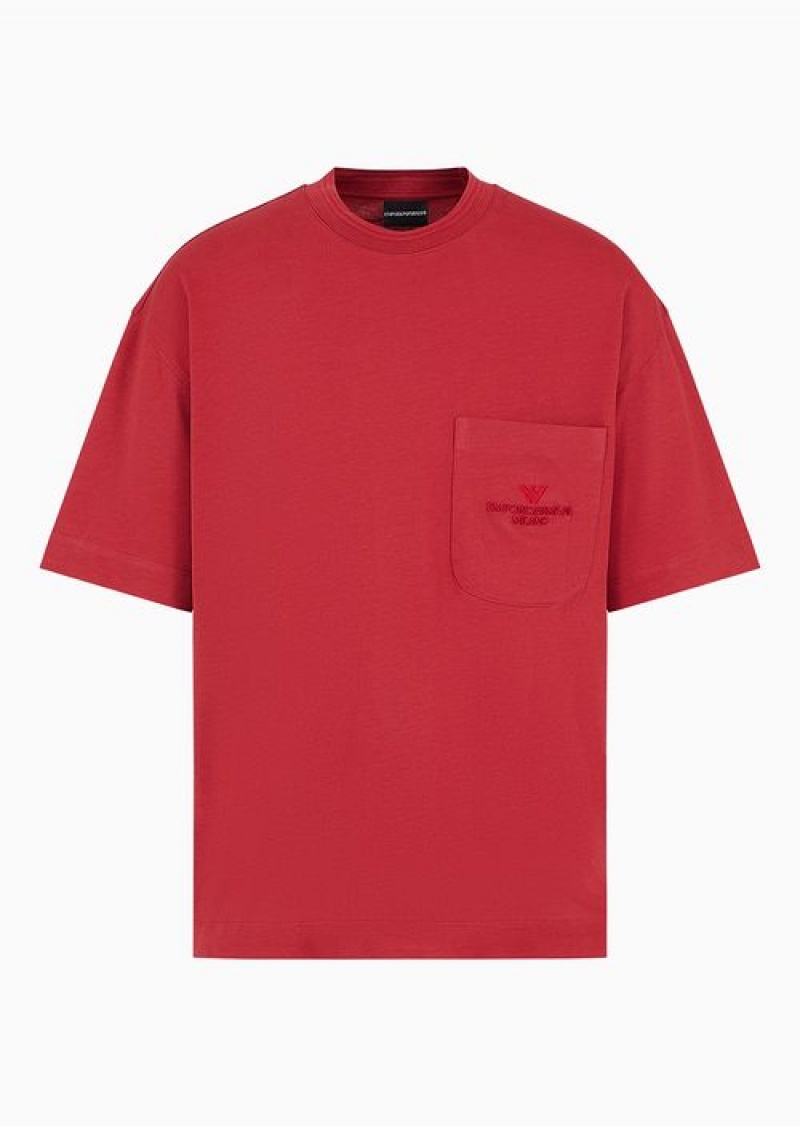 Red Emporio Armani Oversize Heavy Jersey T-shirt With Pocket And Embossed Logo Embroidery | EA-SN58745