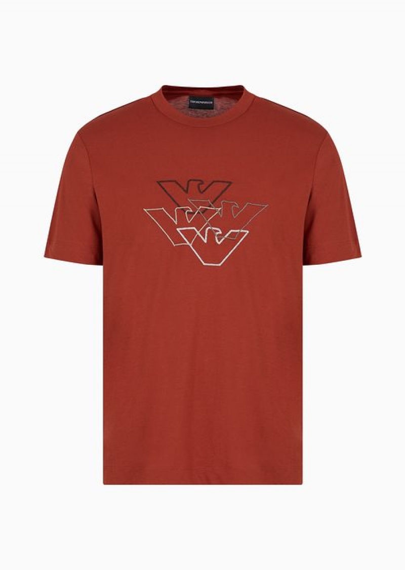 Red Emporio Armani Pima Jersey T-shirt With Logo Embroidery | EA-SN58600