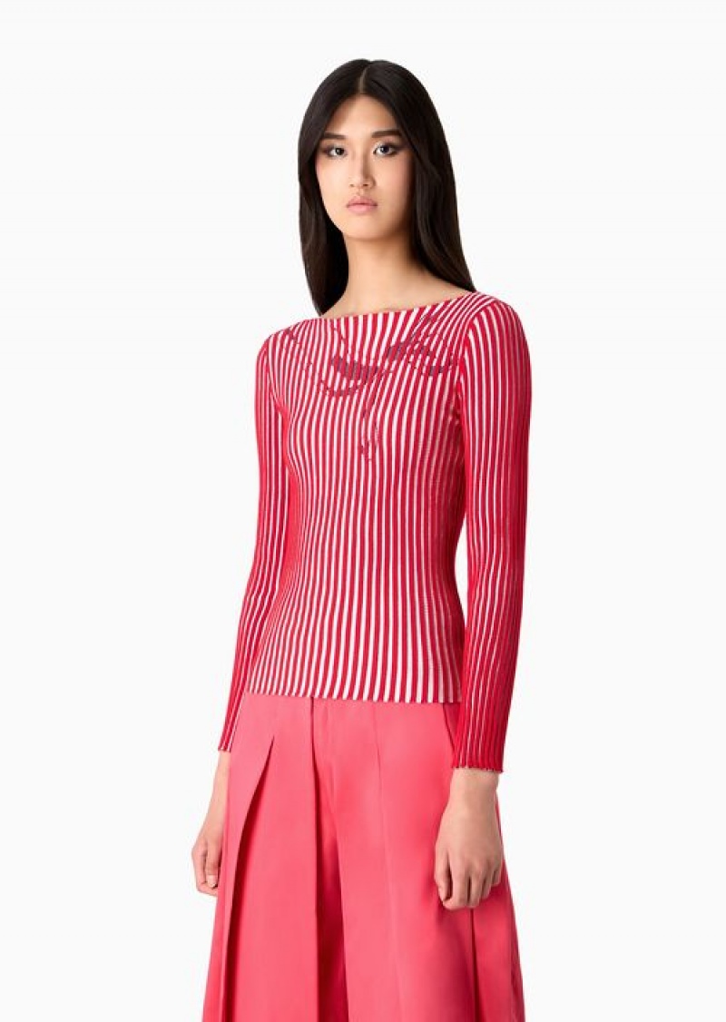 Red Emporio Armani Plated-ribbed Boat-neck Jumper With A Graphic Design | EA-SN56672